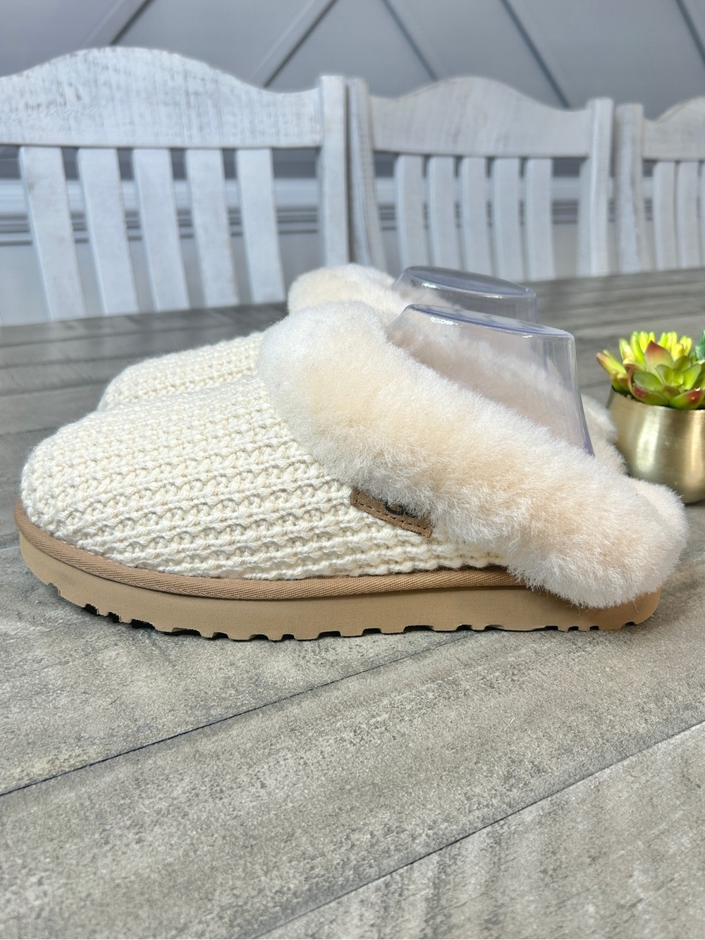 UGG Cozy Knit Slipper Cream Ivory Cable Knit Sheepskin Fur Slip On Size 10